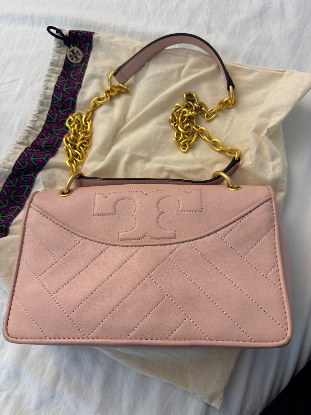 Tory Burch Blush Quilted Leather Shoulder Bag with Gold Chain